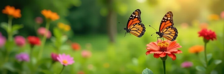 Obraz premium Pair of painted lady butterflies taking flight from a lush garden , painted lady, event, freedom