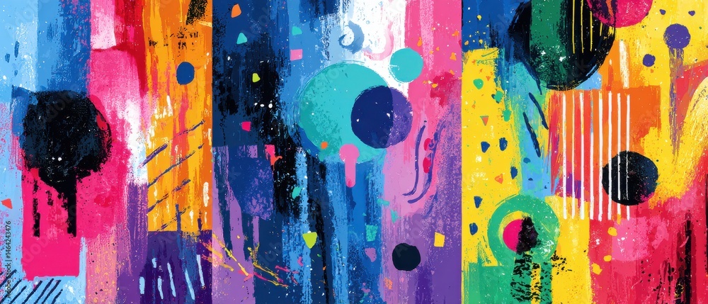 Poster vibrant abstract painting with bold brushstrokes and colorful geometric shapes creating a modern art