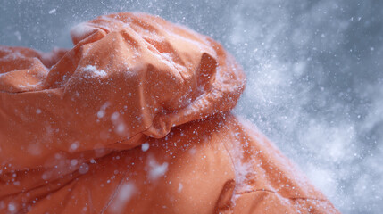Fototapeta premium Orange winter jacket surrounded by snowflakes in snowy scene