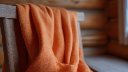Orange wool coat draped over wooden chair in cozy setting