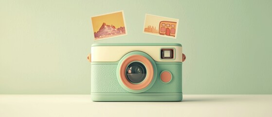 Fototapeta premium Sage green toy camera ejecting 3d photos on offwhite background