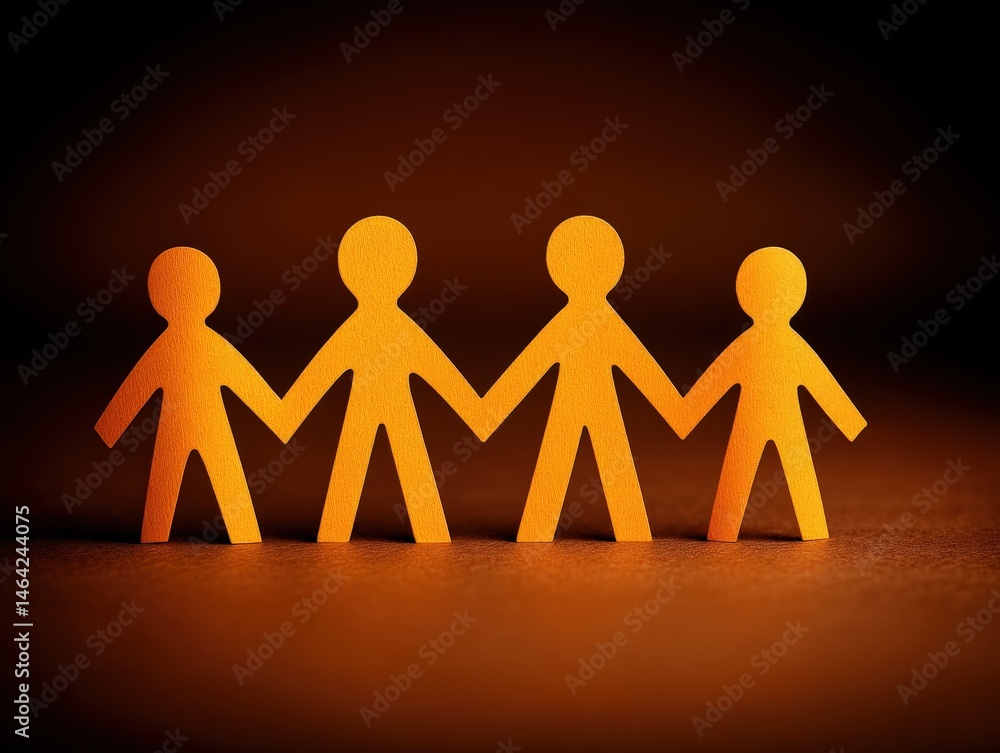 Poster engaging concept of four orange paper figures holding hands symbolizing unity and connection showcas