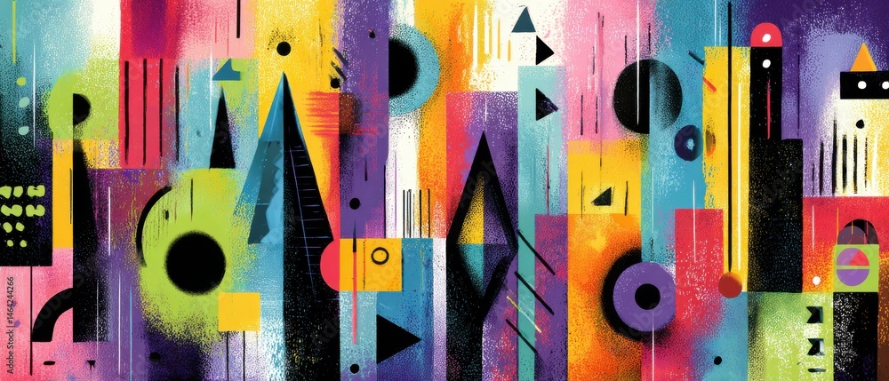 Poster vibrant abstract geometric cityscape with bold colors and dynamic shapes, creating a modern and arti