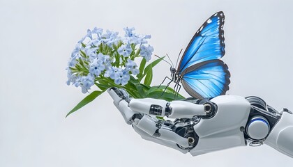 A robotic hand gently cradles delicate blue flowers and a vibrant blue morpho butterfly