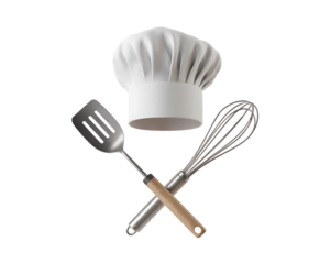 Chef hat and kitchen utensils cross arrangement designed for culinary themes and cooking events