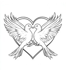 Obraz premium Two white doves with olive branches. heart-shaped doves coloring page outline drawing. wedding outline with a ribbon and leaves