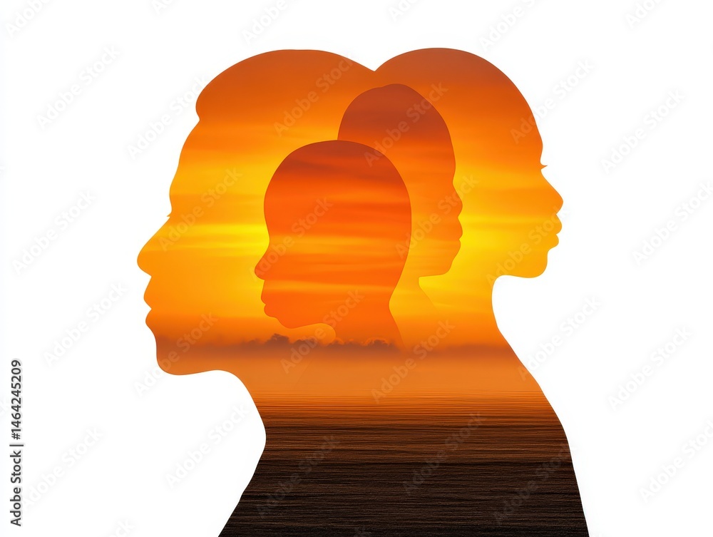 Poster three silhouettes of diverse individuals against a vibrant sunset showcasing layers of identity and 