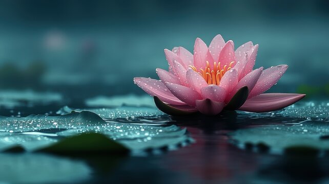 Beautiful Pink Lotus Flower with Water Droplets on Lily Pads flower water droplets lotus flower pond