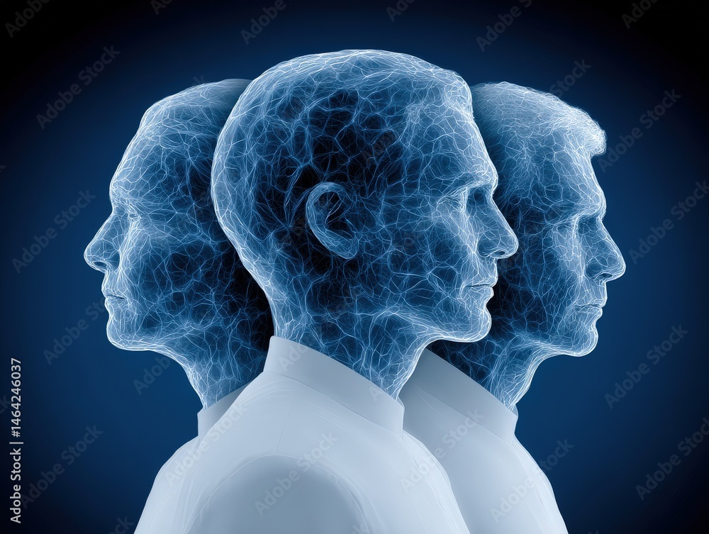 Poster futuristic digital representation of three interconnected human profiles illustrating neural pathway