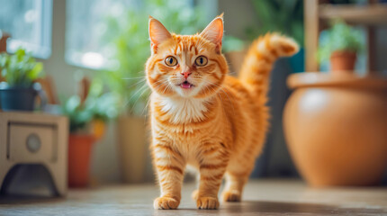 A cute orange cat stands in the house.