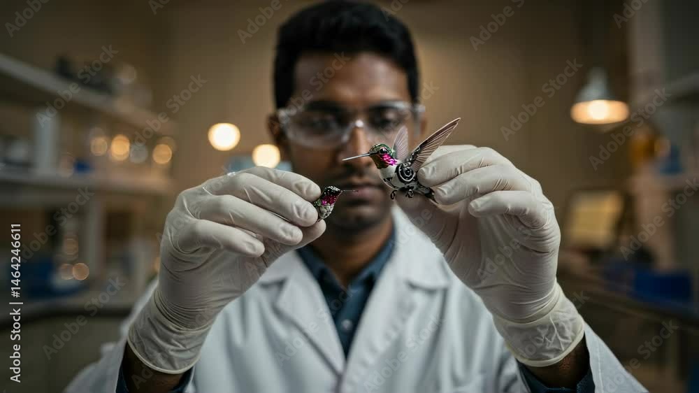Poster man in lab coat holds two mechanical hummingbirds. engineer checks robotic birds. robotics research 