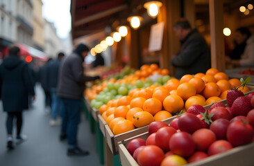 A bustling urban market scene features a foreground stall brimming with juicy oranges and crisp apples arranged in colorful pyramids. This lively image captures the essence of fresh produce shopping