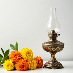 Ornate brass oil lamp, yellow & orange marigold floral decor , marigold, lamp