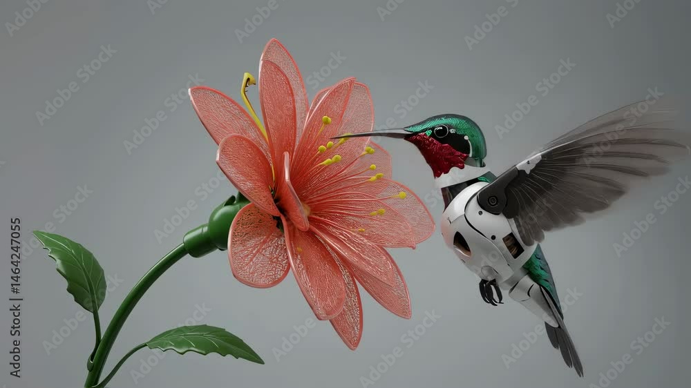 Poster robotic hummingbird drinks nectar from flower. artificial intelligence robot drinks pollen from simu