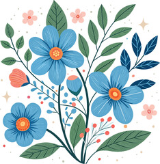 Colorful Floral Bouquet Illustration with Blue Flowers and Leaves – Vector Art