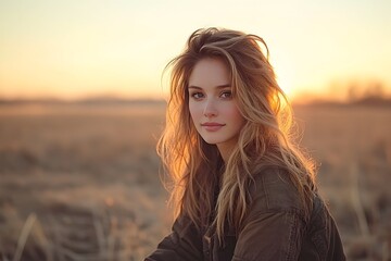 Golden-hour portrait of a young woman with long, wavy blonde hair, sitting in a field at sunset