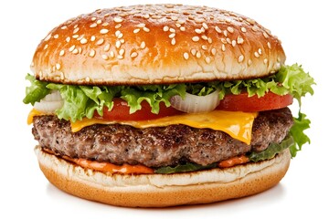 Juicy beef patty, melted cheese, crisp lettuce, tomato, onion, and pickles on a sesame seed bun