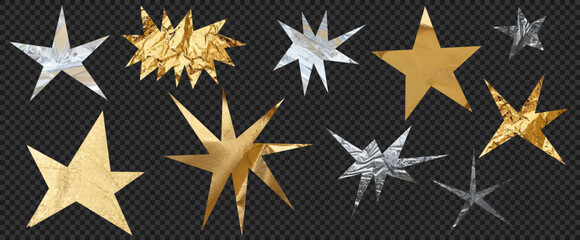 Set of golden and silver foil paper stars in various shapes and styles on a transparent background. Shiny decorative elements. Vector isolated clipart with realistic foil texture.