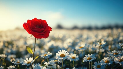 Red Rose Standing Out in a Field of White Daisies at Sunrise sunrise daisy field white daisies bloom