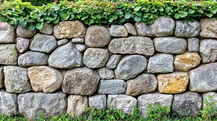 Stacked stone wall topped by greenery, natural texture