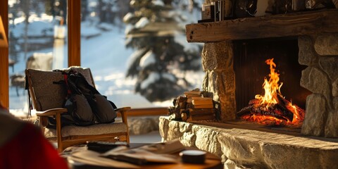 Cozy winter setting with a warm fireplace. A comfortable chair invites relaxation. Snowy scenery outside adds a serene touch. Perfect for seasonal themes or home decor. AI