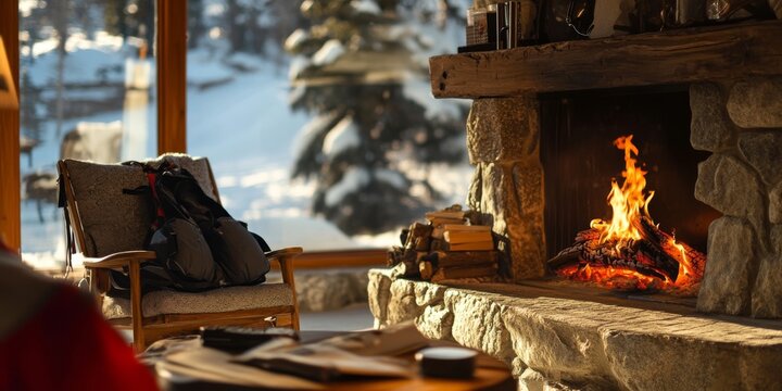 Cozy winter setting with a warm fireplace. A comfortable chair invites relaxation. Snowy scenery outside adds a serene touch. Perfect for seasonal themes or home decor. AI