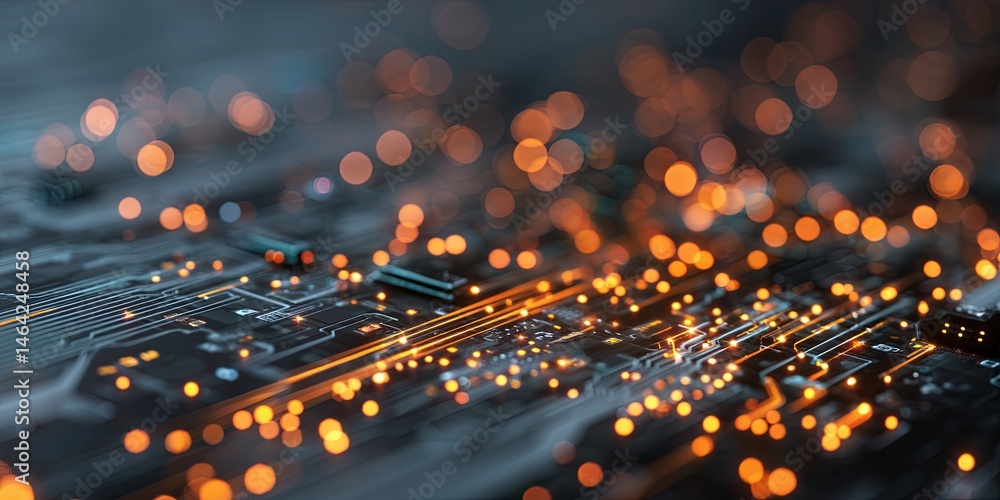 Poster a circuit board with glowing fibers, highlighting technology, innovation, and electronic components 