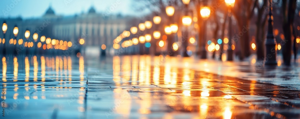 Poster city lights reflecting on wet pavement at dusk. reflection and mirroring visual depth concept.