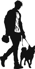 Silhouette of a person walking a dog on a leash, capturing a casual outdoor activity and companionship