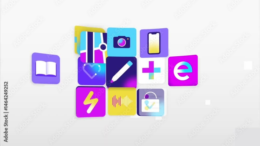 Poster digital data network flow displayed through colorful connected icons