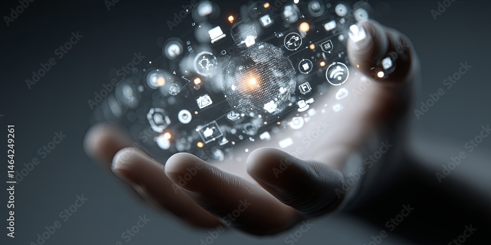 Poster futuristic hand holding floating digital icons representing communication, technology, and connectiv
