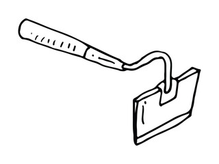 Hand-drawn illustration of a gardening hoe with a curved metal blade and wooden handle
