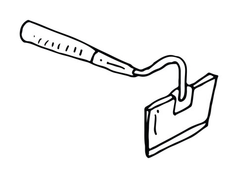recommend clip art: Hand-drawn illustration of a gardening hoe with a curved metal blade and wooden handle
                    