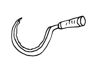 Hand-drawn illustration of a sickle tool with a curved blade and handle