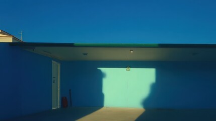 Fototapeta premium Teal-blue building wall with white door and beige awning under deep blue sky, shadow cast on exterior