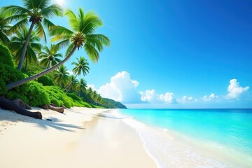 Obraz premium Clear blue sky above pristine beach, gentle surf, clear, background