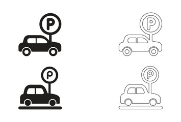 Car parking icons flat and line art style vector illustration
