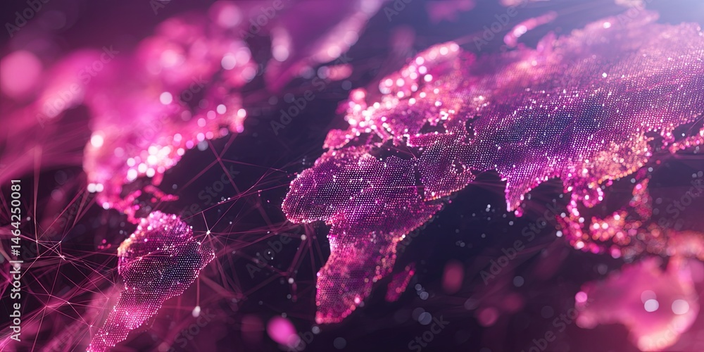 Poster Abstract world map illustration in vibrant pink hues with a digital network background representing global connectivity and technological advancement