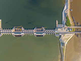 Aerial of sluice dam under construction, Afsluitdijk, Netherlands