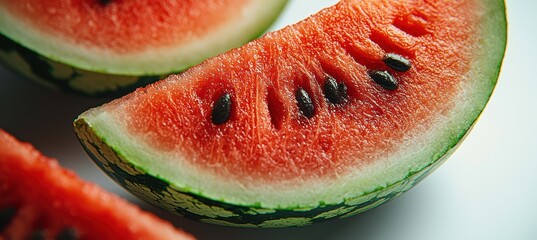 Whole striped green watermelon behind juicy red slice on white background