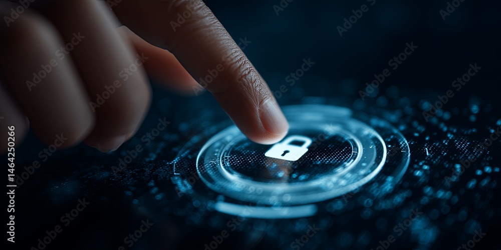 Poster Close-Up of a Hand Touching a Digital Screen with a Lock Symbol Representing Cybersecurity and Data Protection in a Modern Environment