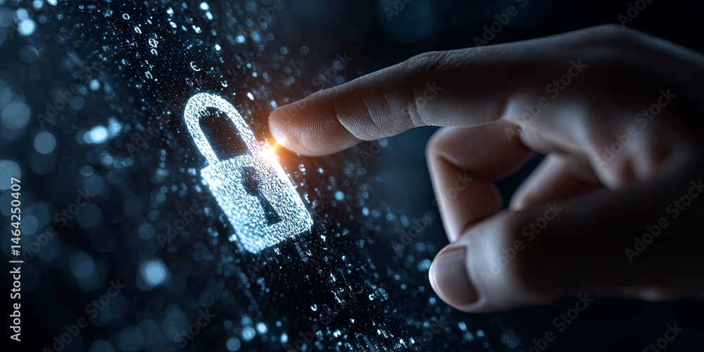 Poster Close-Up of a Hand Touching a Digital Screen with a Lock Symbol Representing Cybersecurity and Data Protection in a Modern Environment