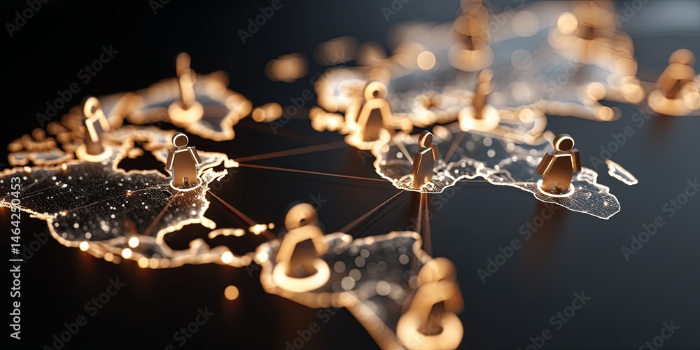 Poster Global Connection and Network with Diverse People Icons over World Map for Teamwork, Collaboration, and Community Building Concept