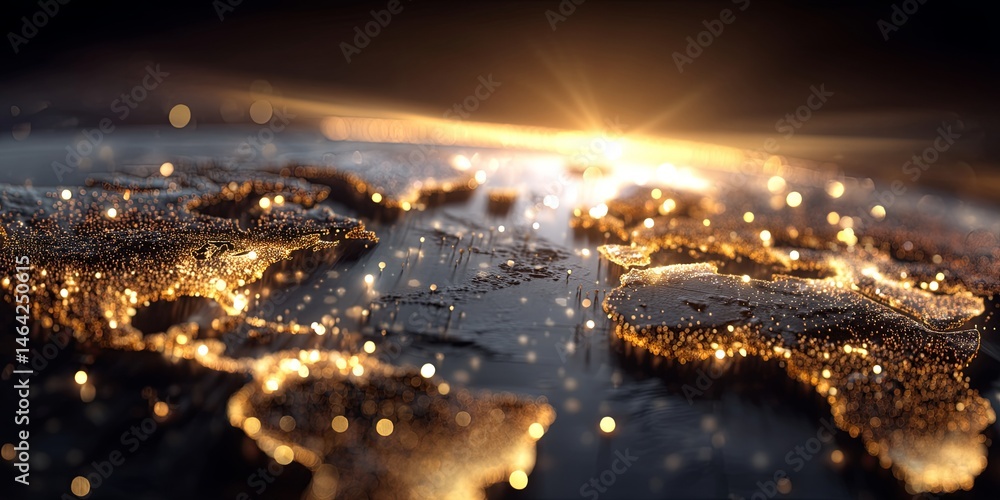 Aufkleber glowing world map with sparkling stars and warm sunset background, perfect for concepts of global co