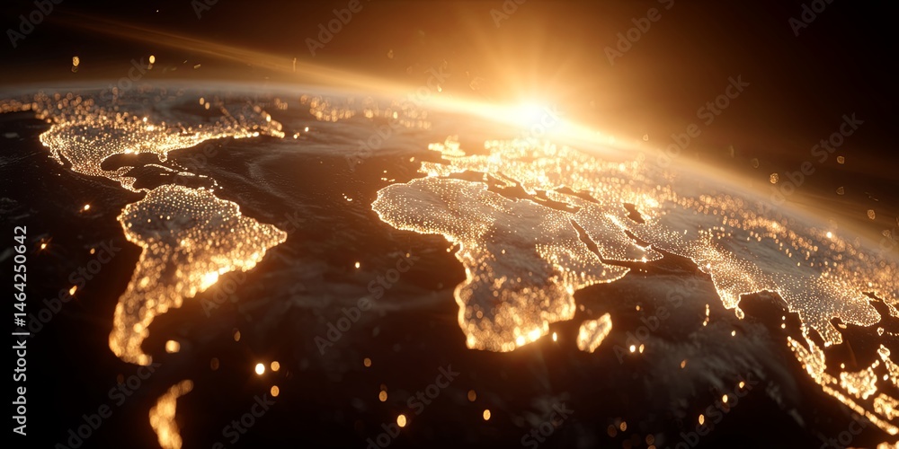 Poster Glowing World Map with Sparkling Stars and Warm Sunset Background, Perfect for Concepts of Global Connectivity and Adventure