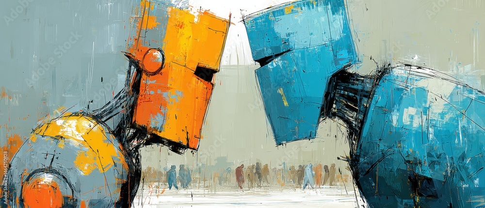Poster abstract painting of two robots facing each other with a crowd of people in the background concept o