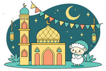 30 Eid celebration, cute cartoon sheep, Islamic architecture, ornate mosque entrance, colorful bunting flags, geometric patterns, crescent moon, starry night sky, decorative lanterns, fireworks, festi