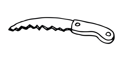 Line drawing of a serrated knife tool with a curved blade and detailed handle