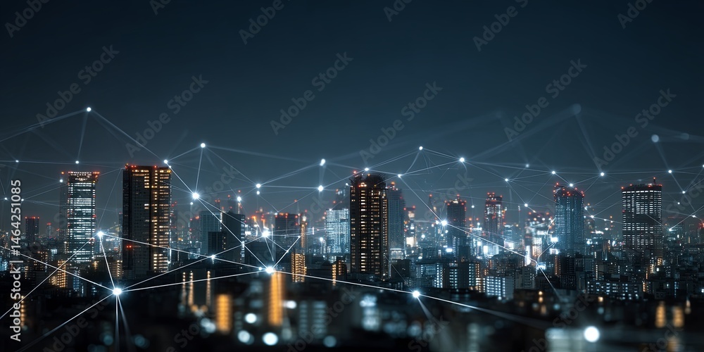 Fototapete nighttime city skyline with glowing buildings and digital connection symbols representing technology