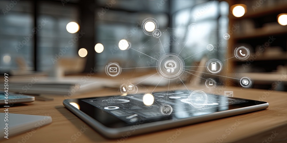 Poster Digital Interaction with Information Networks and Technology Icons on Tablet Device in Modern Office Environment